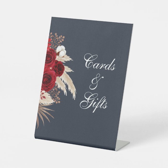 Navy Burgundy Rose and Pampas Grass  Pedestal Sign (Front)