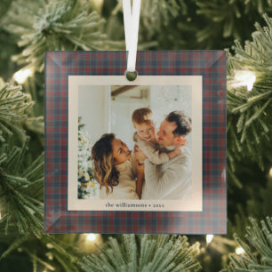 Navy Burgundy Tartan Plaid Family Christmas Photo Glass Tree Decoration