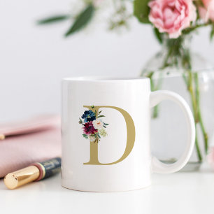 Navy Burgundy Watercolor Floral Monogram Coffee Mug