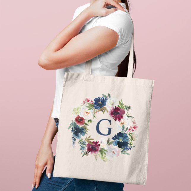 Navy Burgundy Watercolor Floral Monogram Initial Tote Bag (Creator Uploaded)