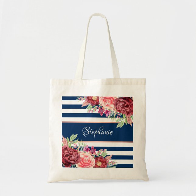 Navy Burgundy Watercolor Floral Monogram Stripes Tote Bag (Front)