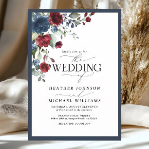Navy Burgundy Watercolor Floral QR Code Invitation