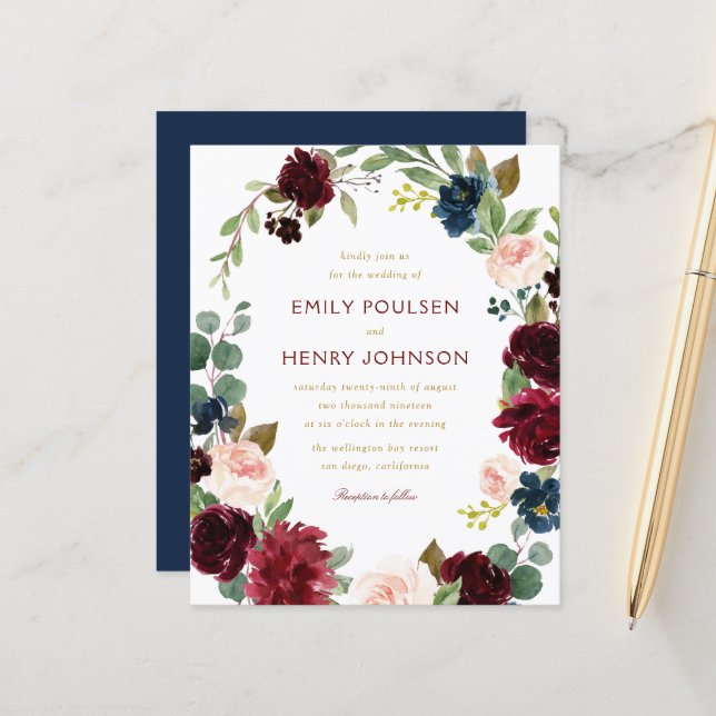Navy burgundy watercolor floral wreath wedding (Front/Back In Situ)