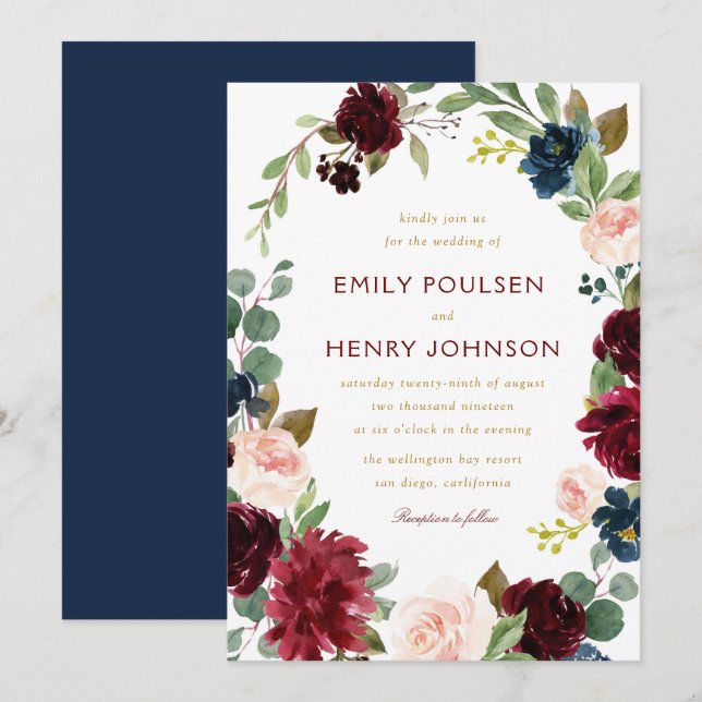 Navy burgundy watercolor flowers wedding invitation (Front/Back)