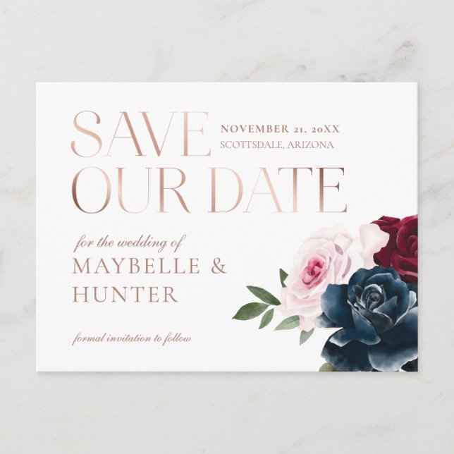 Navy Burgundy Watercolor Photo Save Our Date Announcement Postcard (Front)