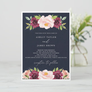 Navy Burgundy Watercolor Wedding Invitation