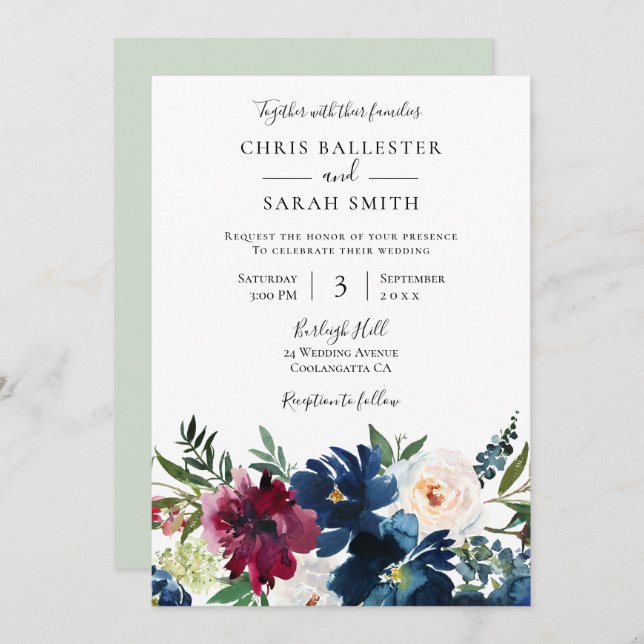 Navy Burgundy & White Flowers Elegant Wedding Invitation (Front/Back)