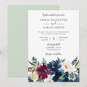 Navy Burgundy & White Flowers Elegant Wedding Invitation
