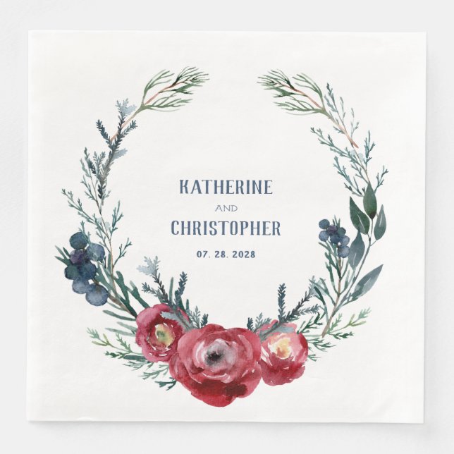 Navy Burgundy Wild Roses Juniper Branch & Berries  Napkin (Front)