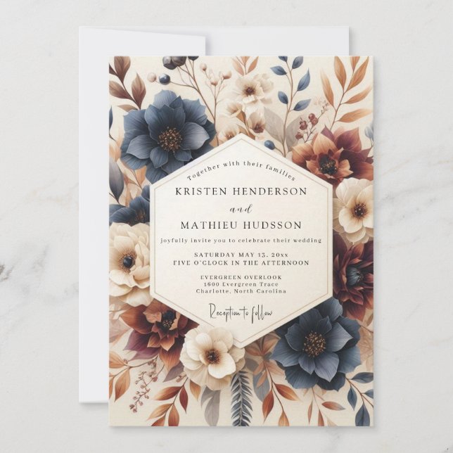 Navy Burnt Orange Autumnal Wedding Invitation (Front)
