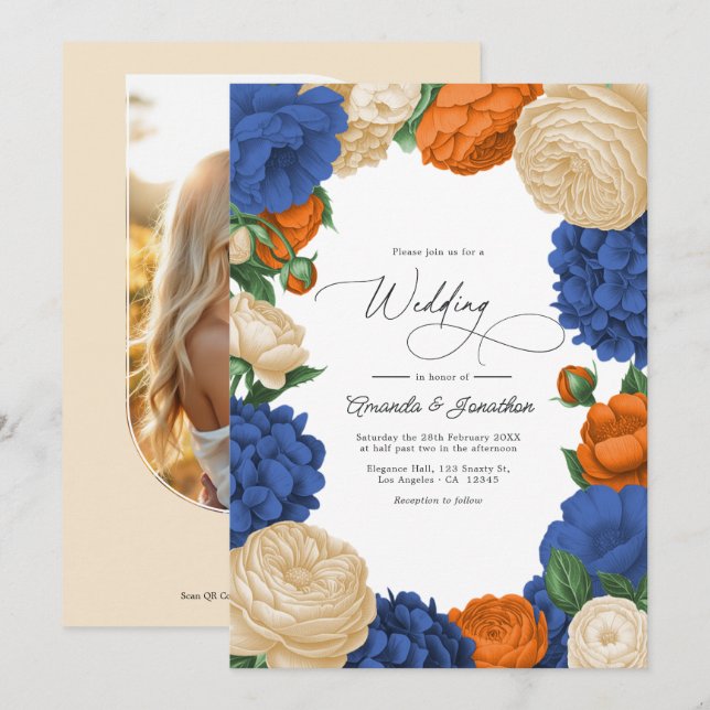Navy, Burnt Orange & Champagne Floral Wedding Invitation (Front/Back)