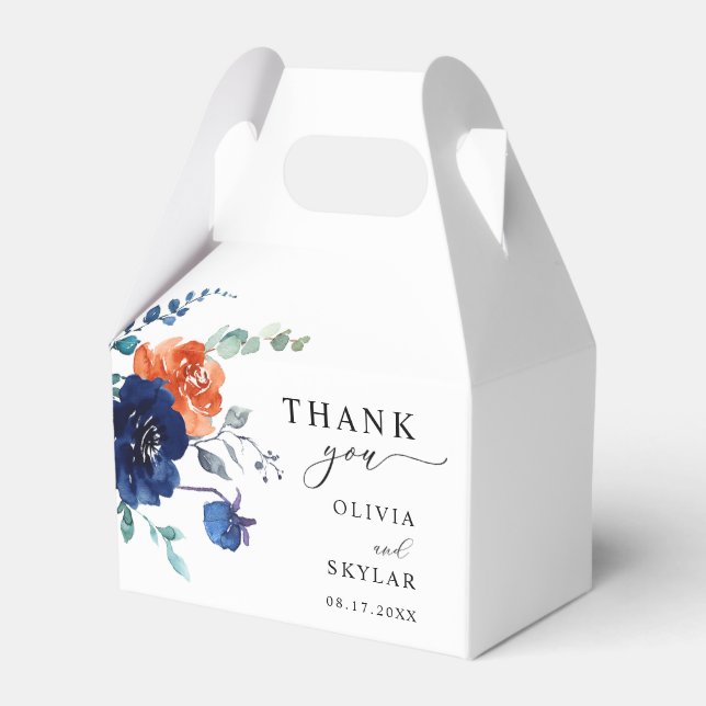 Navy Burnt Orange Elegant Floral Fall Wedding Favour Box (Front Side)