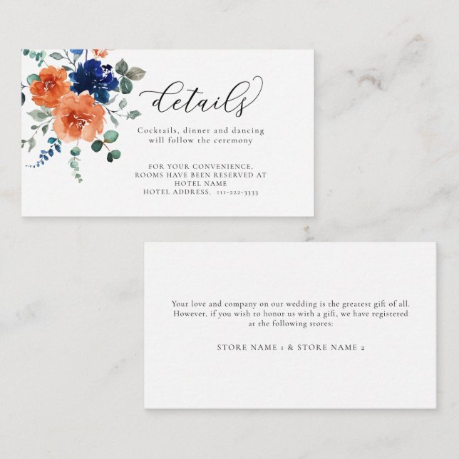 Navy Burnt Orange Fall Floral Wedding Details Enclosure Card (Front/Back)