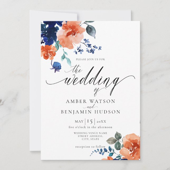 Navy Burnt Orange Floral Boho Elegant Wedding Invitation (Front)
