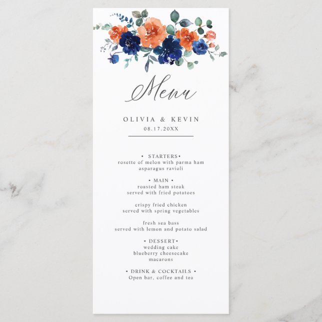 Navy Burnt Orange Floral Boho Summer Fall Wedding  Menu (Front)