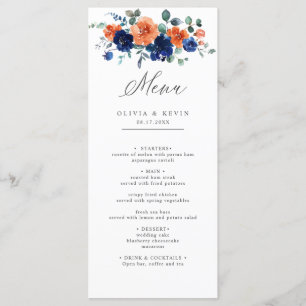 Navy Burnt Orange Floral Boho Summer Fall Wedding  Menu