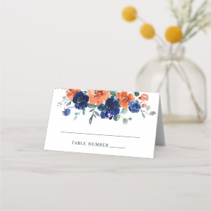 Navy Burnt Orange Floral Fall Wedding Place Cards