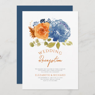 Navy Burnt Orange Floral Fall Wedding Reception Invitation