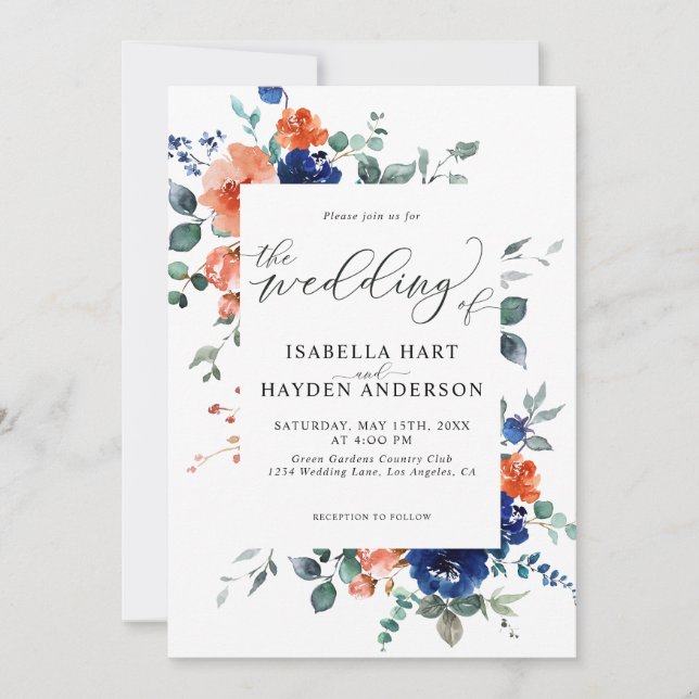 Navy Burnt Orange Floral Flowers Boho Wedding Invitation (Front)