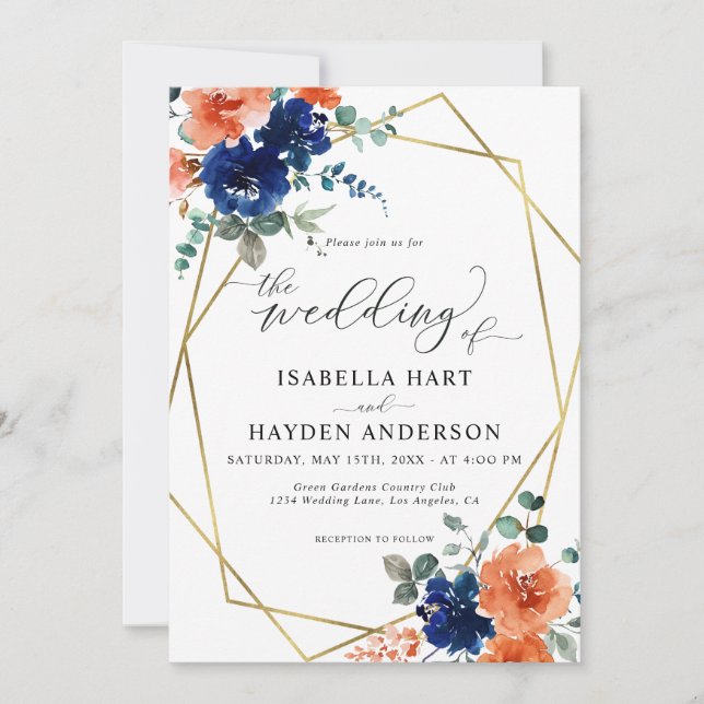 Navy Burnt Orange Floral Gold Frame Wedding Invitation (Front)