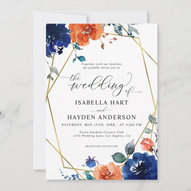 Navy Burnt Orange Floral Rust Gold Foil Wedding Invitation (Front)
