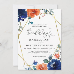Navy Burnt Orange Floral Rust Gold Foil Wedding Invitation