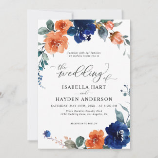 Navy Burnt Orange Floral Rust Orange Boho Wedding Invitation