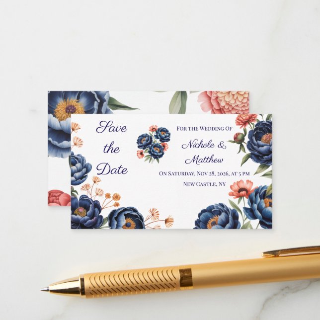 Navy & Burnt Orange Floral Save the Date Enclosure Card (Front/Back In Situ)