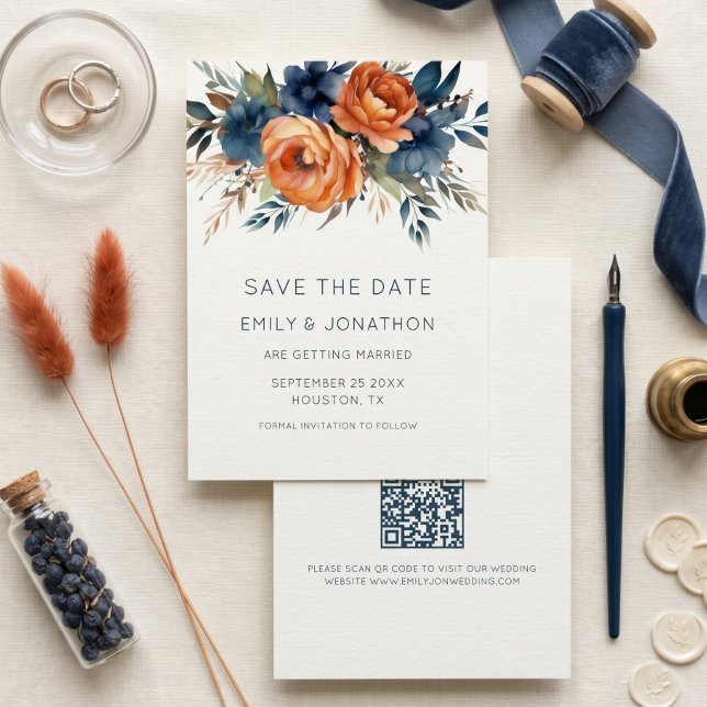 Navy Burnt Orange Florals QR Wedding Save The Date (Creator Uploaded)