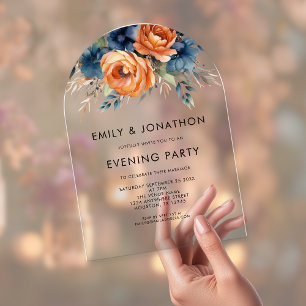 Navy Burnt Orange Florals Wedding Evening Party Acrylic Invitations
