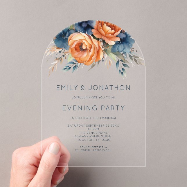 Navy Burnt Orange Florals Wedding Evening Party Acrylic Invitations (Insitu (Handheld))