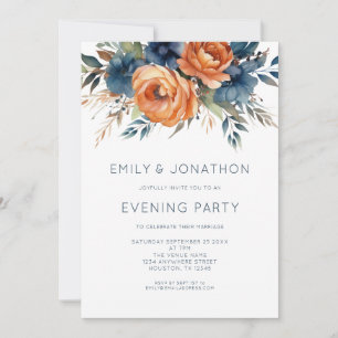 Navy Burnt Orange Florals Wedding Evening Party Invitation