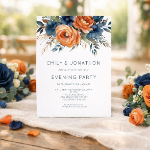 Navy Burnt Orange Florals Wedding Evening Party Invitation