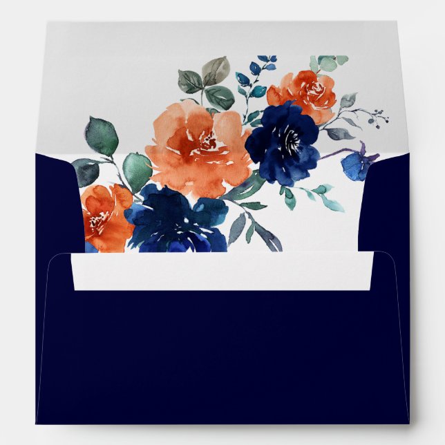 Navy Burnt Orange Flowers Fall Wedding Invitation Envelope (Back (Bottom))