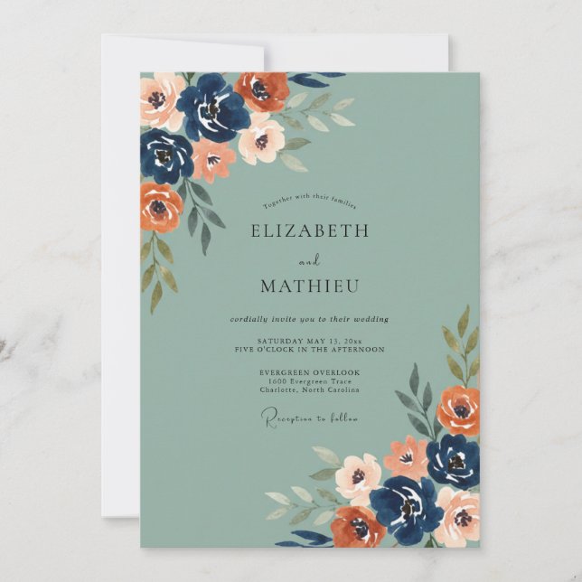 Navy Burnt Orange Leaf Wedding Invitation (Front)