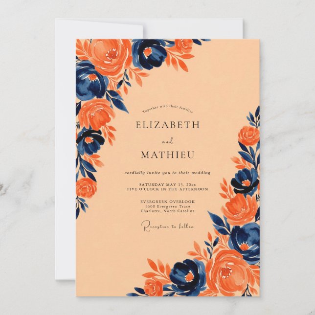 Navy Burnt Orange Striking Autumnal Wedding Invitation (Front)