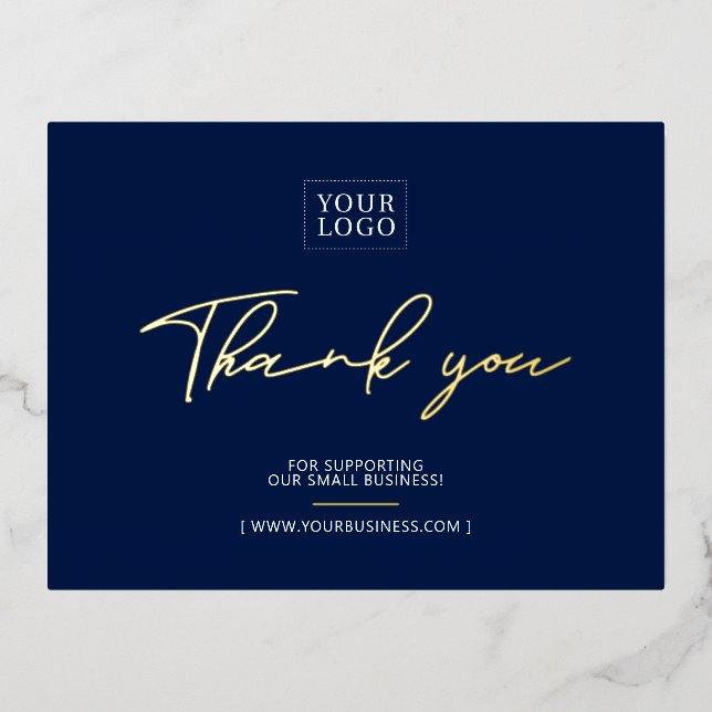 Navy Business Logo Thank you Package Insert  Foil Invitation Postcard (Front)