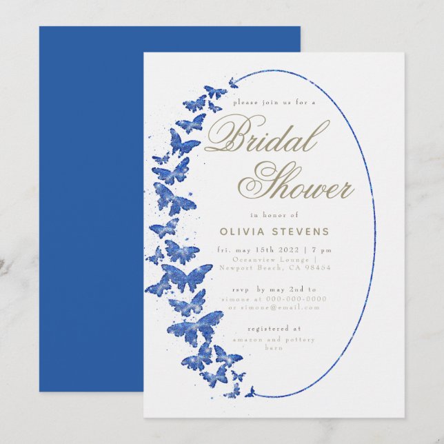 Navy Butterflies Boho Frame Elegant Bridal Shower Invitation (Front/Back)