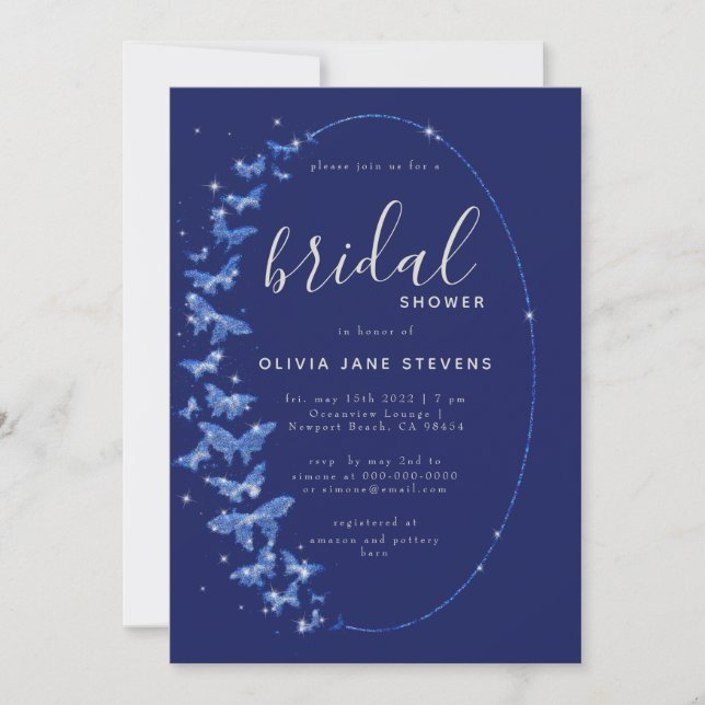 Navy Butterflies Boho Frame Elegant Bridal Shower Invitation (Front)