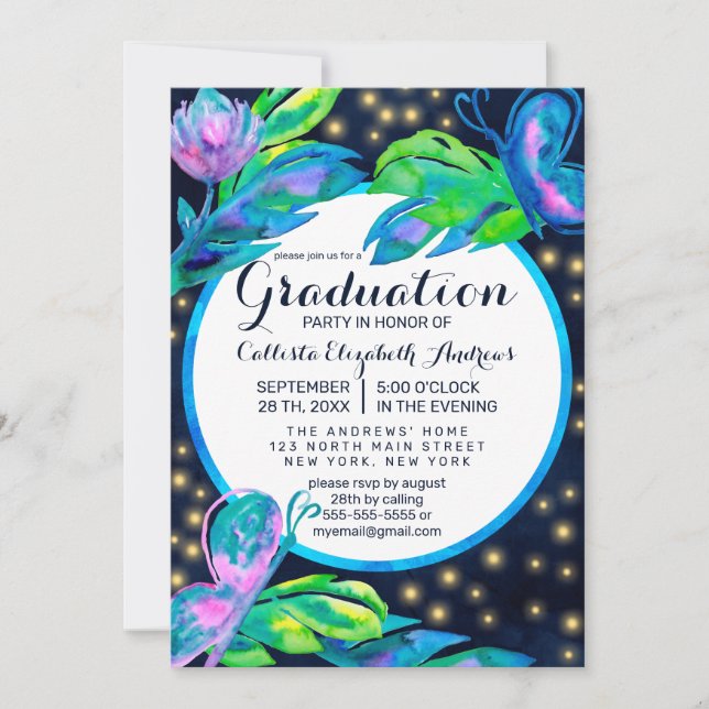 Navy Butterfly Floral Leaves Watercolor Graduation Invitation (Front)