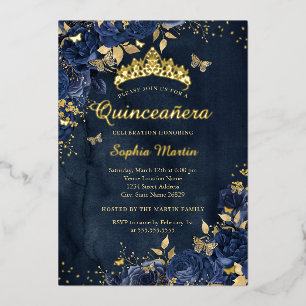 Navy Butterfly Flower Elegant Gold Quinceanera