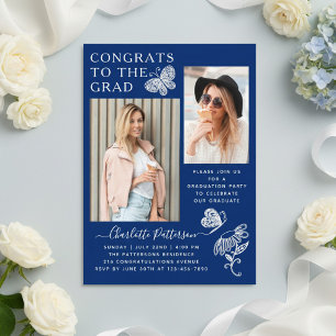 Navy Butterfly Photo Graduation Party Acrylic Invitations