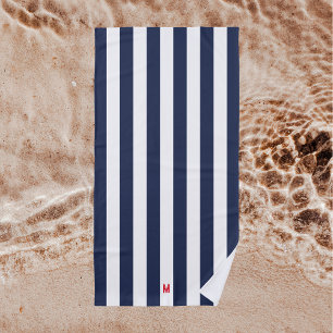 Navy Cabana Stripe & Personalised Red Monogram Beach Towel
