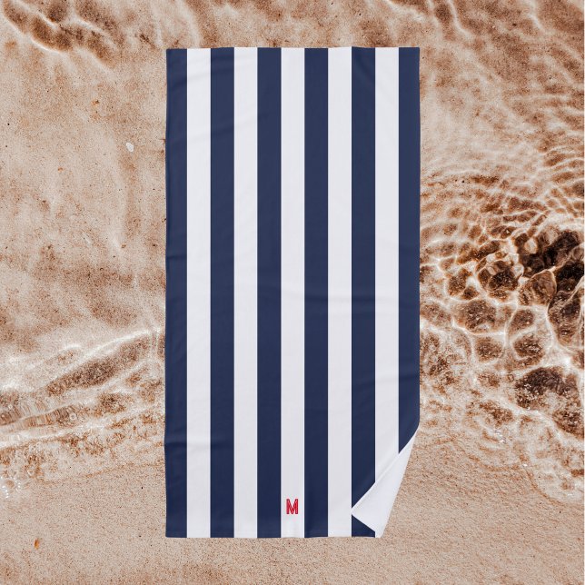 Navy Cabana Stripe & Personalised Red Monogram Beach Towel (Creator Uploaded)