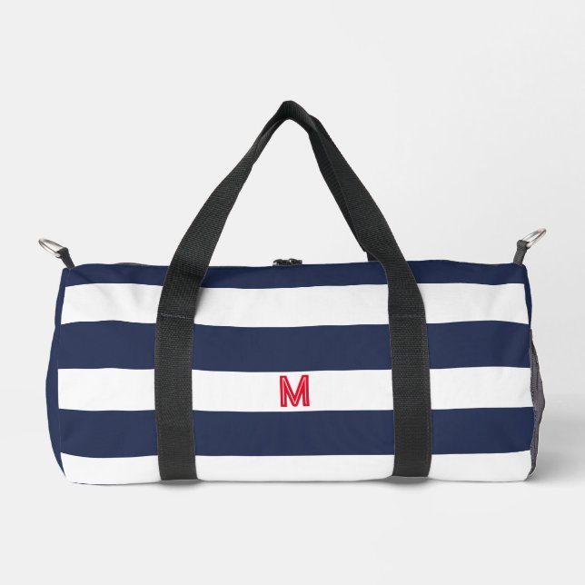 Navy Cabana Stripe & Personalised Red Monogram Duffle Bag (Front)