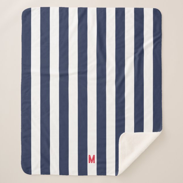 Navy Cabana Stripe & Personalised Red Monogram Sherpa Blanket (Front)