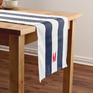Navy Cabana Stripe & Personalised Red Monogram Short Table Runner