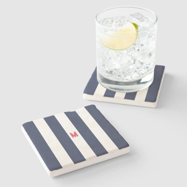 Navy Cabana Stripe & Personalised Red Monogram Stone Coaster (Side)