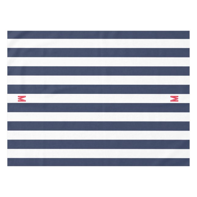 Navy Cabana Stripe & Personalised Red Monogram Tablecloth (Front (Horizontal))