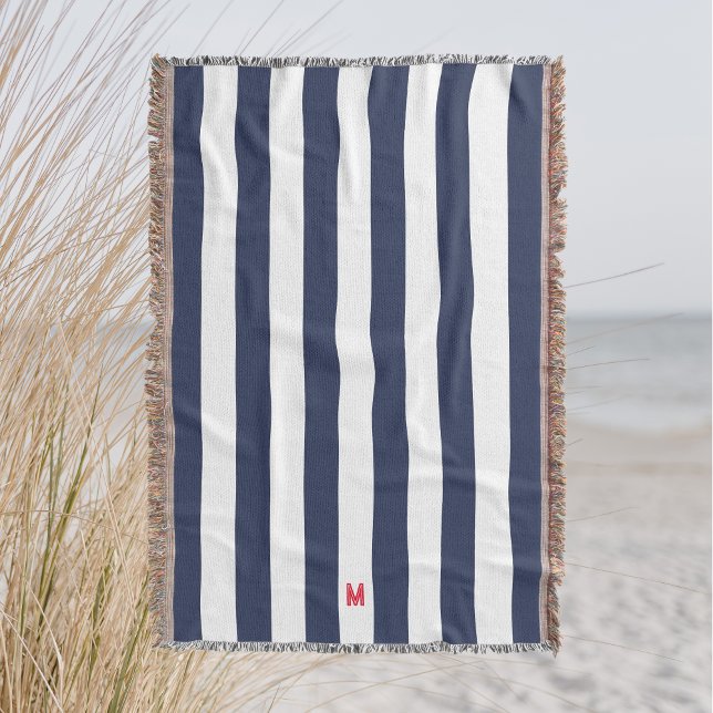 Navy Cabana Stripe & Personalised Red Monogram Throw Blanket (Creator Uploaded)
